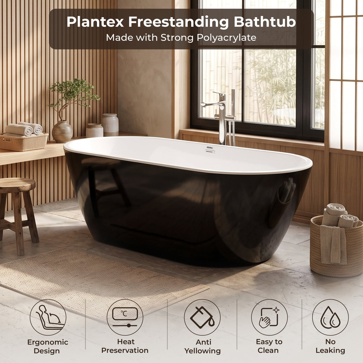 Plantex Bathtub For Bathroom/Freestanding Bath tub for Adults/Deep Soaker Bathtub with Overflow, Popup and Drain Pipe (BSM-203-Black & White-1700mm)-5