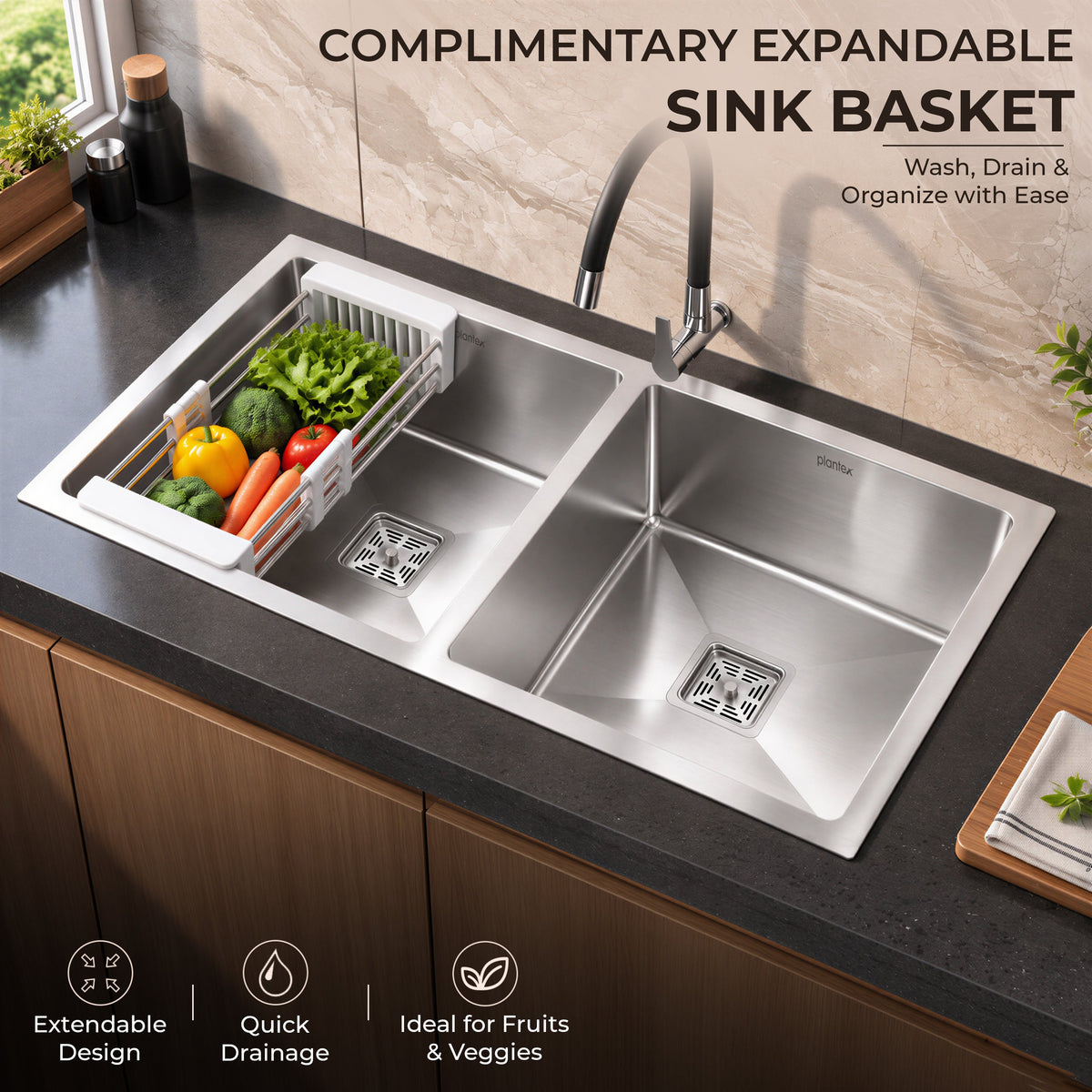 Plantex Heavy Duty Stainless Steel Double Bowl Sink for Kitchen/Handmade Kitchen Sink with 25 Years Warranty by Plantex/Sink with Coupling, Hose Pipe and Drying Rack (Silver Matt - 37x18x9 Inches)-6