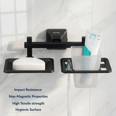 Plantex 304 Grade Stainless Steel Squaro 2 in 1 Soap Dish with Tumbler Holder/Soap Stand/ABS Material Tooth Brush Holder/Bathroom Accessories (Black)-6