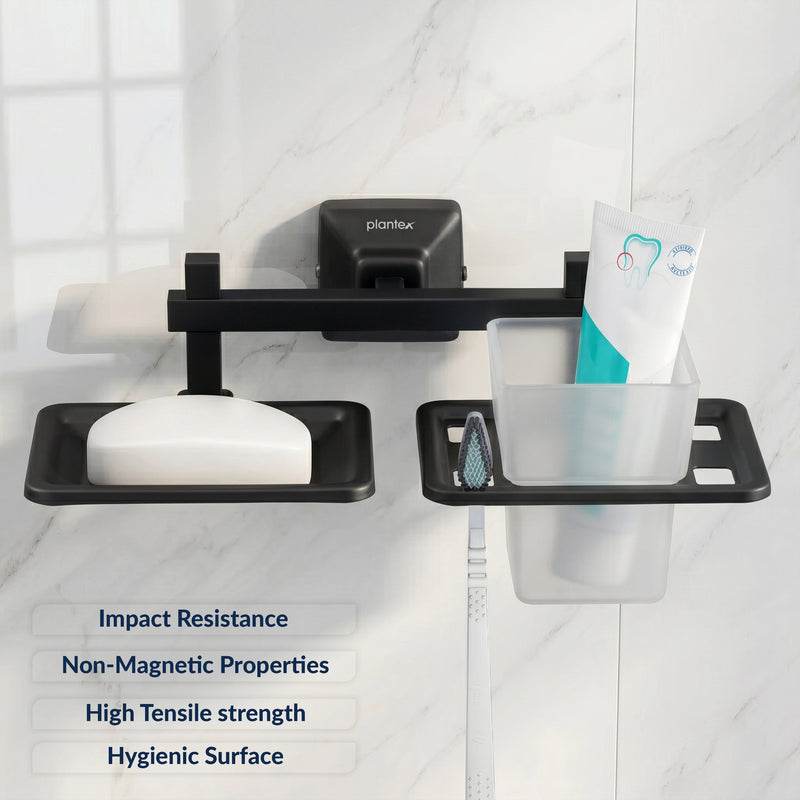 Plantex 304 Grade Stainless Steel Squaro 2 in 1 Soap Dish with Tumbler Holder/Soap Stand/ABS Material Tooth Brush Holder/Bathroom Accessories (Black)-6