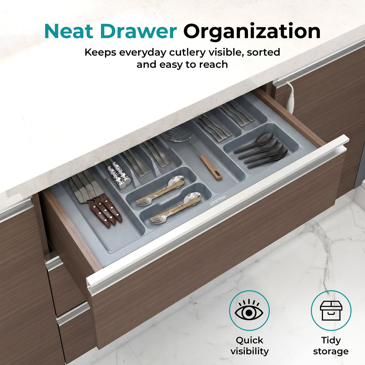 Plantex Kitchen Drawer Cutlery Tray Organizer/Multipurpose Organizer for Cutlery/Spoons/Spatulas/Cosmetics & Stationery/Fits Modular Kitchen Cabinets (32.5 x 18.5 Inches, Grey)-4