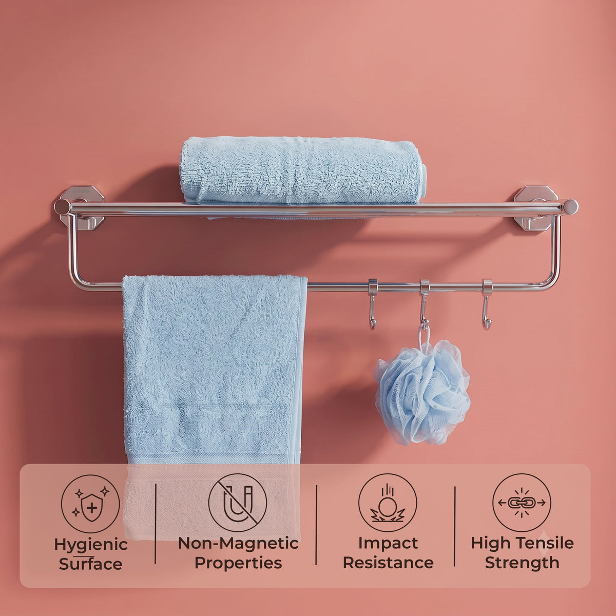 Plantex 304 Grade Stainless Steel Towel Rack with Hooks/Bathroom Towel Rod/Towel Hanger/Bathroom Accessories - Nipron (24-inch) Chrome-6