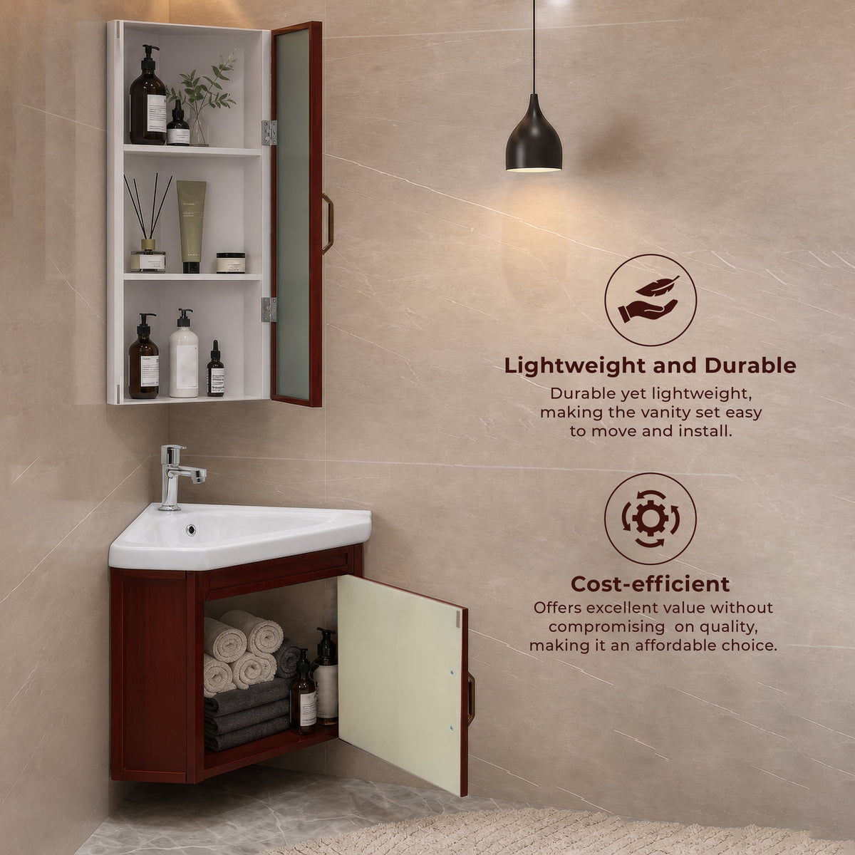 Plantex Vanity Set for Bathroom/Wall Mount Vanity Cabinet with Washbasin and Mirror/Corner Washbasin with Unbrackable Cabinet Full Set/Bathroom Accessories - (461, Brown)-6