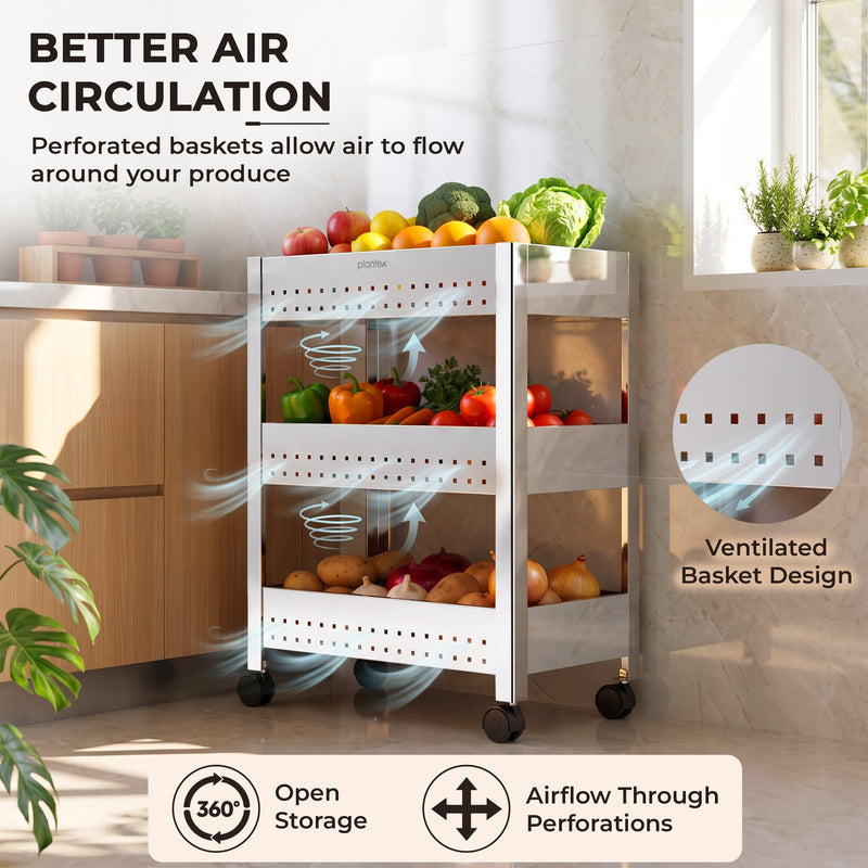 Plantex Stainless Steel 3-Tier Vegetable Storage Basket for Kitchen/Onion Garlic Stand-Trolley (Square Profile-Silver)-4