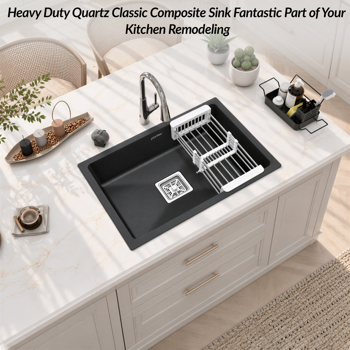 Plantex Quartz Single Bowl Kitchen Matt Sink/Sink For Kitchen/Undermount/Top Mounted (Black - 21X18 Inches)-5