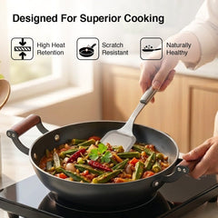 Prestige Castlite Patterned Enamel Coated Cast Iron Fry Pan 20cm/0.9L + Prestige Castlite Patterned Enamel Coated Cast Iron Kadai 24cm/2.4L with Glass Lid, Rust-Proof, Gas & Induction, 15Y Warranty