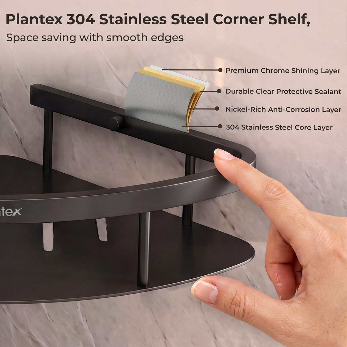 Plantex Bathroom Corner Shelf for Wall Mount/304 Grade Stainless Steel Corner Shelf for Bathroom with Railings/Bathroom Accessories - Pack of 2 (9x9 inches, Black)-3