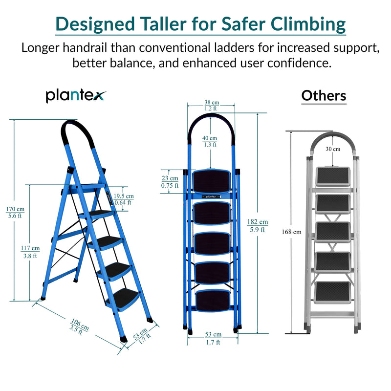 Plantex Ladder for Home - Premium Steel Foldable 5-Step Ladder - Anti Skid Strong Steps with 5 Years Manufacturer Warranty (Blue & Black)-2