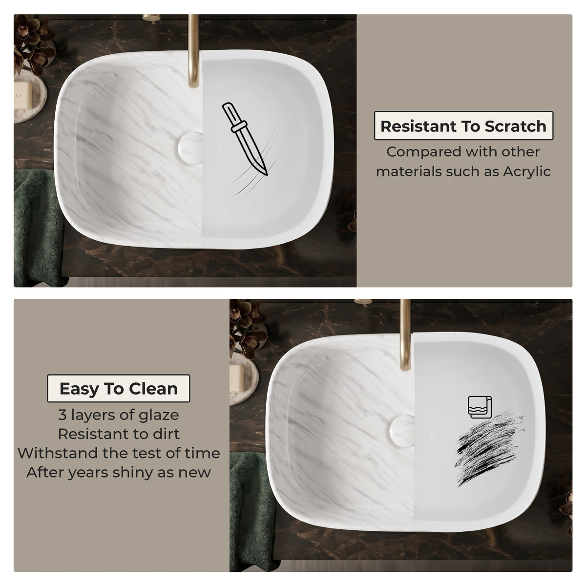Plantex Wash Basin for Bathroom/Ceramic Table Top Washbasin/Countertop Vessel Sink Basin - (White Marble, 21.5 x 15 x 6 Inch)-6