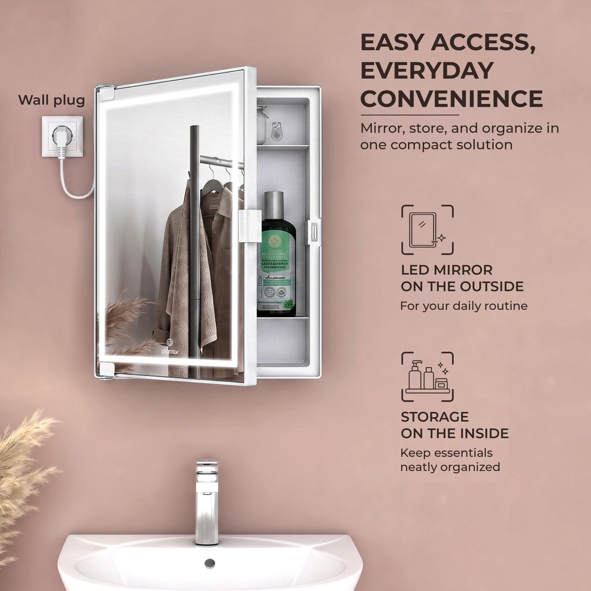 Plantex LED Mirror Cabinet for Bathroom/ABS Storage Cabinet/Mirror Cabinet for Wall/Mirror with Storage for Bathroom - 18x14 Inch (CAB-118, White)-6