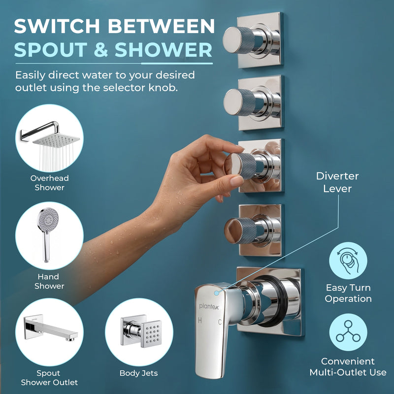 Plantex 4 Way Thermostatic Shower Diverter/Pure Brass Concealed & Exposed 4-Outlet Mixer Valve Body/Multi-Function Bathroom Diverter with Button Control - (Kubix Primium-2588)-3