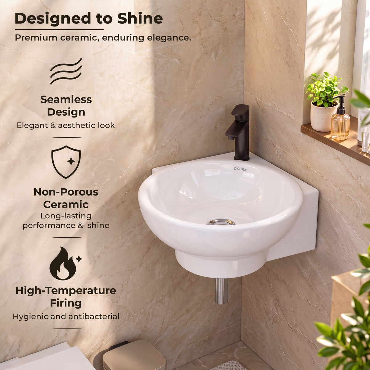 Plantex Ceramic White Corner Wash Basin/Wall Mount Basin for Bathroom/Corner Bathroom Basin/Glossy Small Sink with 10 Years Glaze Warranty by Plantex (Lily -14 x 16.5 x 5.5 Inch)-6