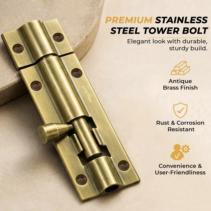 Plantex Stainless Steel Tower Bolt/Tower Bolt for Home,Offices Doors and Windows/Tower Bolt for Main Door/Door Latch/Kundi/Chitakini/Door Latch for Windows - Pack of 6 (Brass Antique, 4 inch)-6