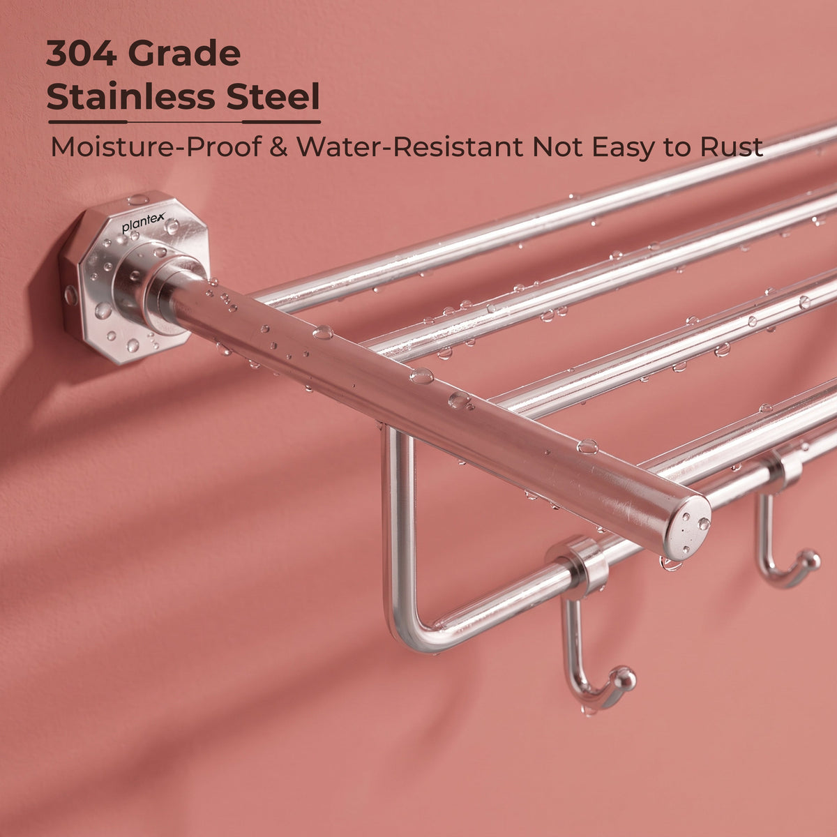Plantex 304 Grade Stainless Steel Towel Rack with Hooks/Bathroom Towel Rod/Towel Hanger/Bathroom Accessories - Nipron (24-inch) Chrome-3