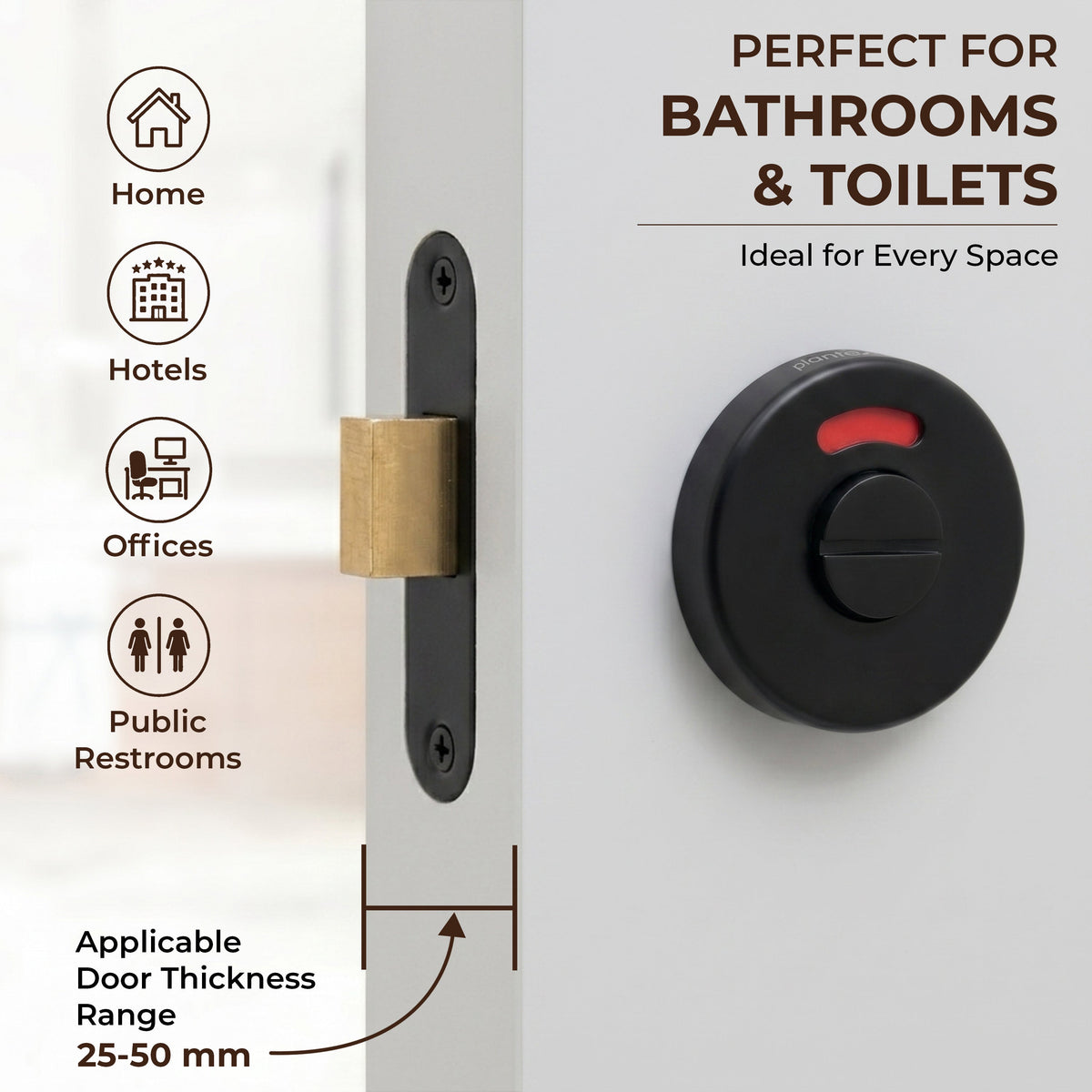 Plantex Bathroom Indicator with Lock/Stainless Steel Red and Green Indicator Keyless Door Lock/Round Toilet Partition Door Lock - Pack of 1 (Black)-6