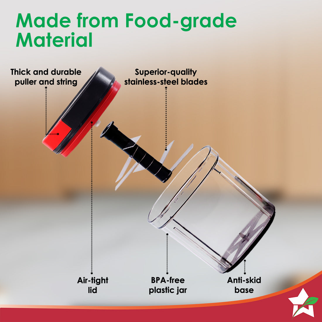 Wonderchef Glory String Vegetable Chopper with 6 Sharp SS Blade, Anti Slip Silicon Base Ring, Air Tight Lid, 900Ml, 1 Ye