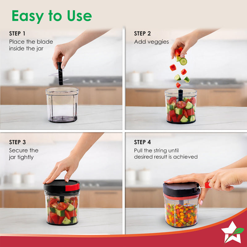 Wonderchef Glory String Vegetable Chopper with 6 Sharp SS Blade, Anti Slip Silicon Base Ring, Air Tight Lid, 900Ml, 1 Ye
