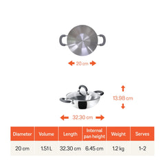 Meyer Trivantage Stainless Steel Triply Cookware Kadai/Wok with Lid, 20cm