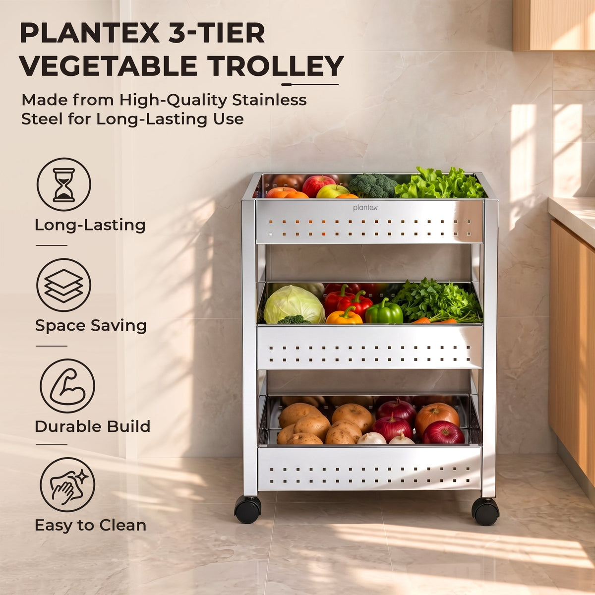 Plantex Stainless Steel 3-Tier Vegetable Storage Basket for Kitchen/Onion Garlic Stand-Trolley (Square Profile-Silver)-5