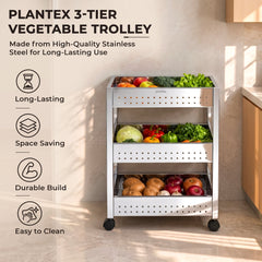 Plantex Stainless Steel 3-Tier Vegetable Storage Basket for Kitchen/Onion Garlic Stand-Trolley (Square Profile-Silver)-5