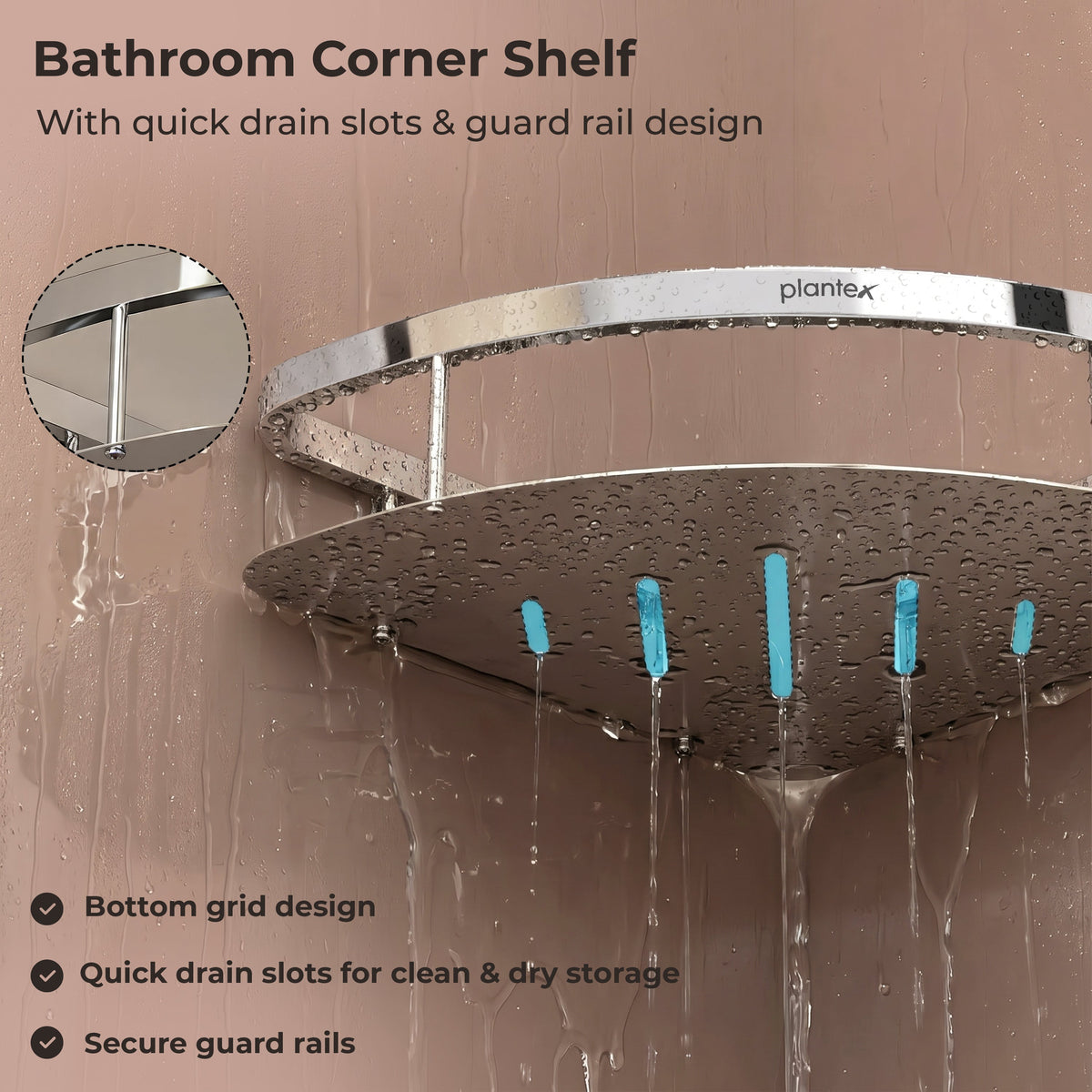 Plantex Bathroom Corner Shelf for Wall Mount/304 Grade Stainless Steel Corner Shelf for Bathroom with Railings/Bathroom Accessories - Pack of 2 (9x9 inches, Chrome)-6