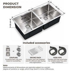 Plantex Heavy Duty Stainless Steel Double Bowl Sink for Kitchen/Handmade Kitchen Sink with 25 Years Warranty by Plantex/Sink with Coupling, Hose Pipe and Drying Rack (Silver Matt - 37x18x9 Inches)-2