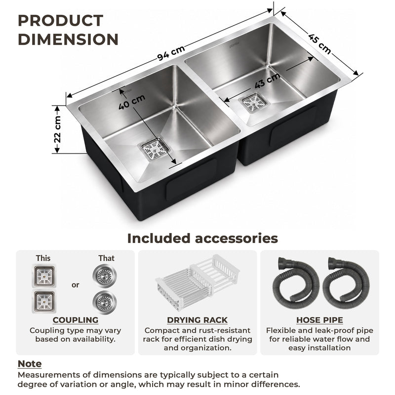 Plantex Heavy Duty Stainless Steel Double Bowl Sink for Kitchen/Handmade Kitchen Sink with 25 Years Warranty by Plantex/Sink with Coupling, Hose Pipe and Drying Rack (Silver Matt - 37x18x9 Inches)-2
