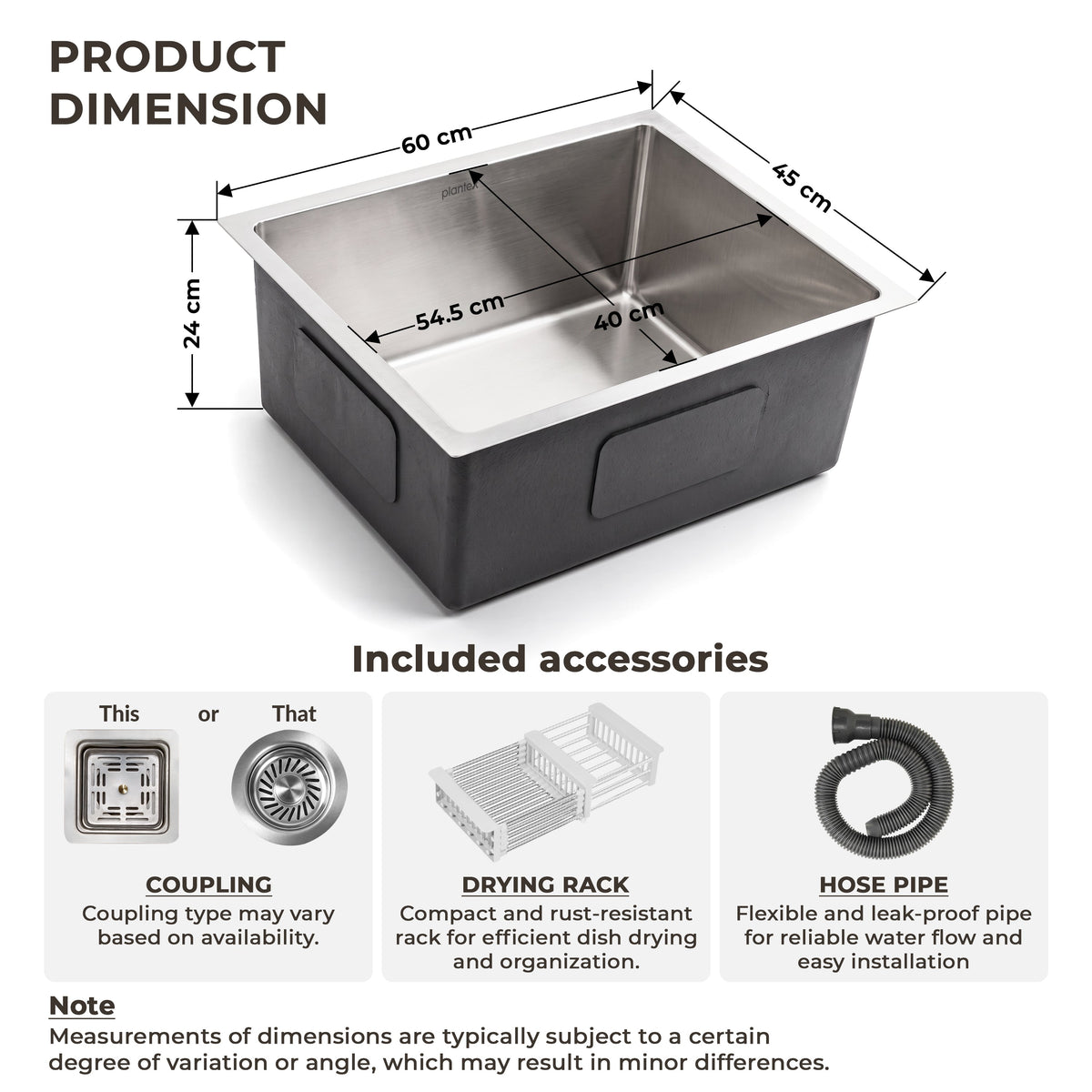 Plantex Heavy Duty Stainless Steel Kitchen Sink/Sink for Kitchen with 25 Years Warranty by Plantex/Single Bowl Sink Square Coupling, Hose Pipes and Drain Rack (Matt-24 x 18 x 9 Inches)-2