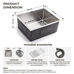 Plantex Heavy Duty Stainless Steel Kitchen Sink/Sink for Kitchen with 25 Years Warranty by Plantex/Single Bowl Sink Square Coupling, Hose Pipes and Drain Rack (Matt-24 x 18 x 9 Inches)-2
