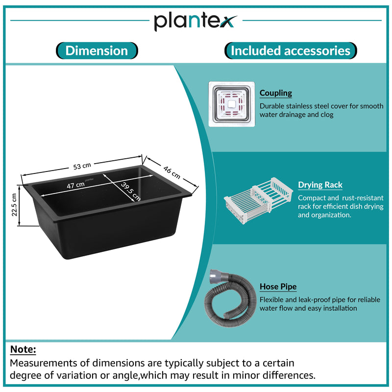 Plantex Quartz Single Bowl Kitchen Matt Sink/Sink For Kitchen/Undermount/Top Mounted (Black - 21X18 Inches)-2