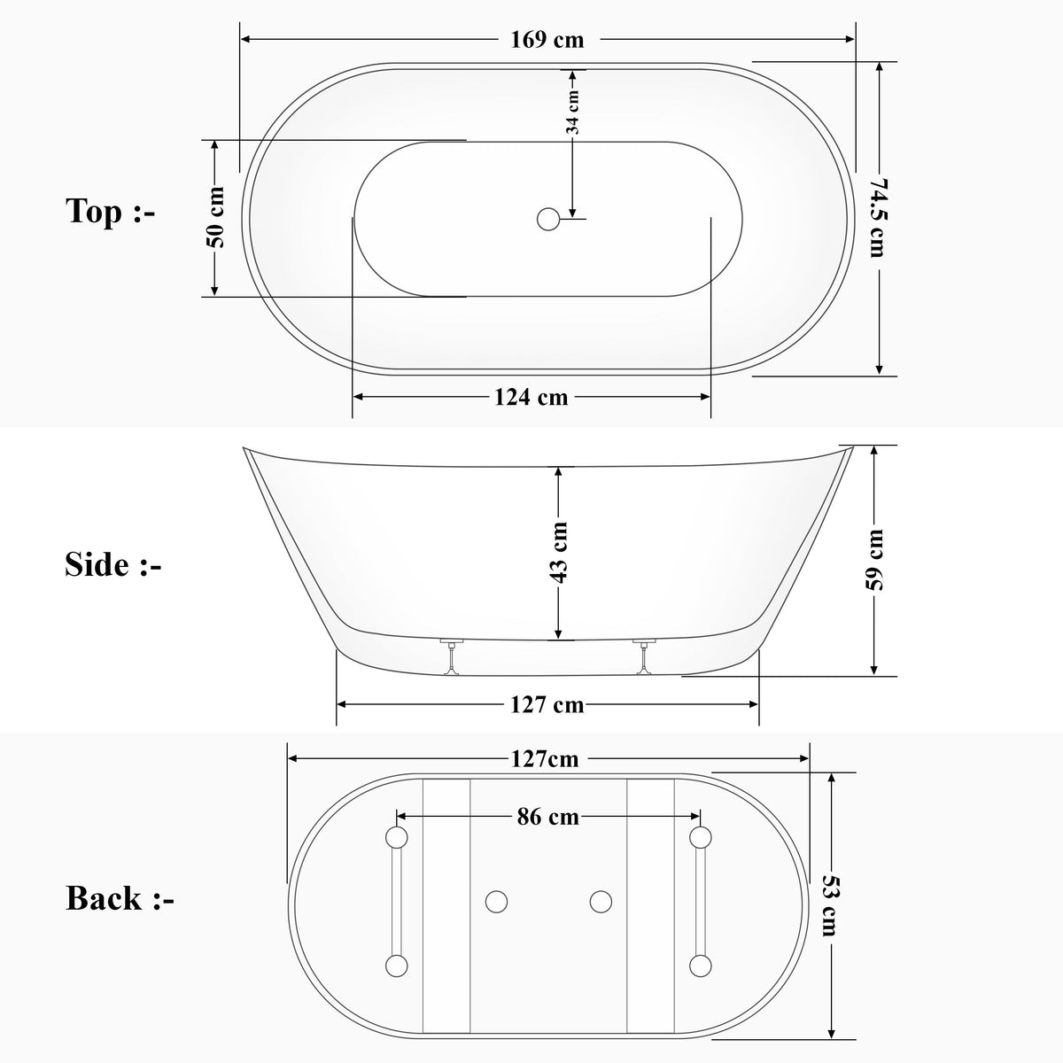 Plantex Bathtub For Bathroom/Freestanding Bath tub for Adults/Deep Soaker Bathtub with Overflow, Popup and Drain Pipe (BSM-203-Black & White-1700mm)-2