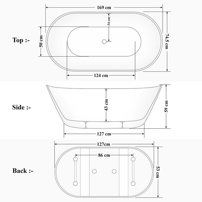 Plantex Bathtub For Bathroom/Freestanding Bath tub for Adults/Deep Soaker Bathtub with Overflow, Popup and Drain Pipe (BSM-203-Black & White-1700mm)-2