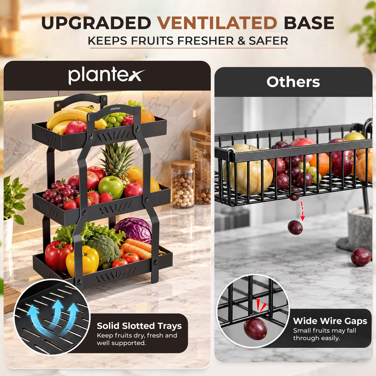Plantex Metal Fruit Basket for Kitchen/Vegetable Storage Stand/3-Tier Multipurpose Storage Rack for Countertop Pack of 1, Black (30.5 x 18 x 47.5 cm)-6