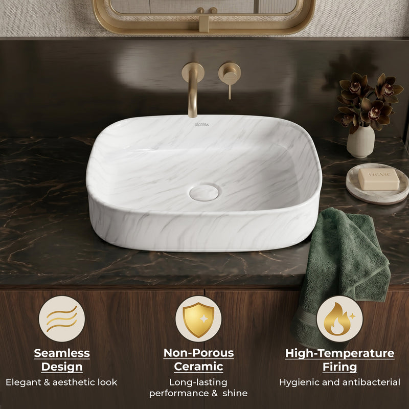 Plantex Wash Basin for Bathroom/Ceramic Table Top Washbasin/Countertop Vessel Sink Basin - (White Marble, 21.5 x 15 x 6 Inch)-5