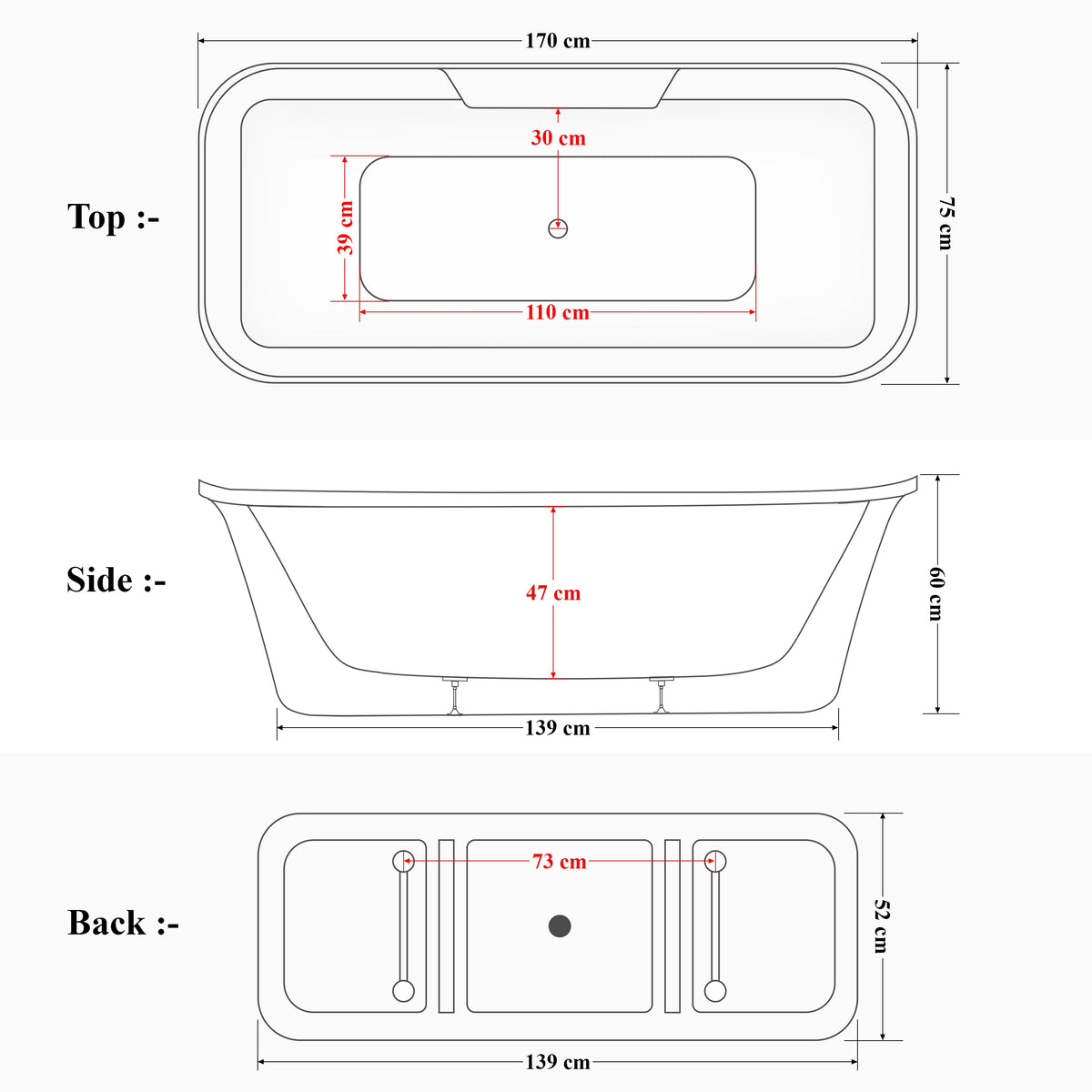 Plantex Freestanding Bathtub for Bathroom/Acrylic Bath tub for Adults/Deep Soaker Bathtub with Overflow, Popup and Drain Pipe (BSM-219-White-1700mm)