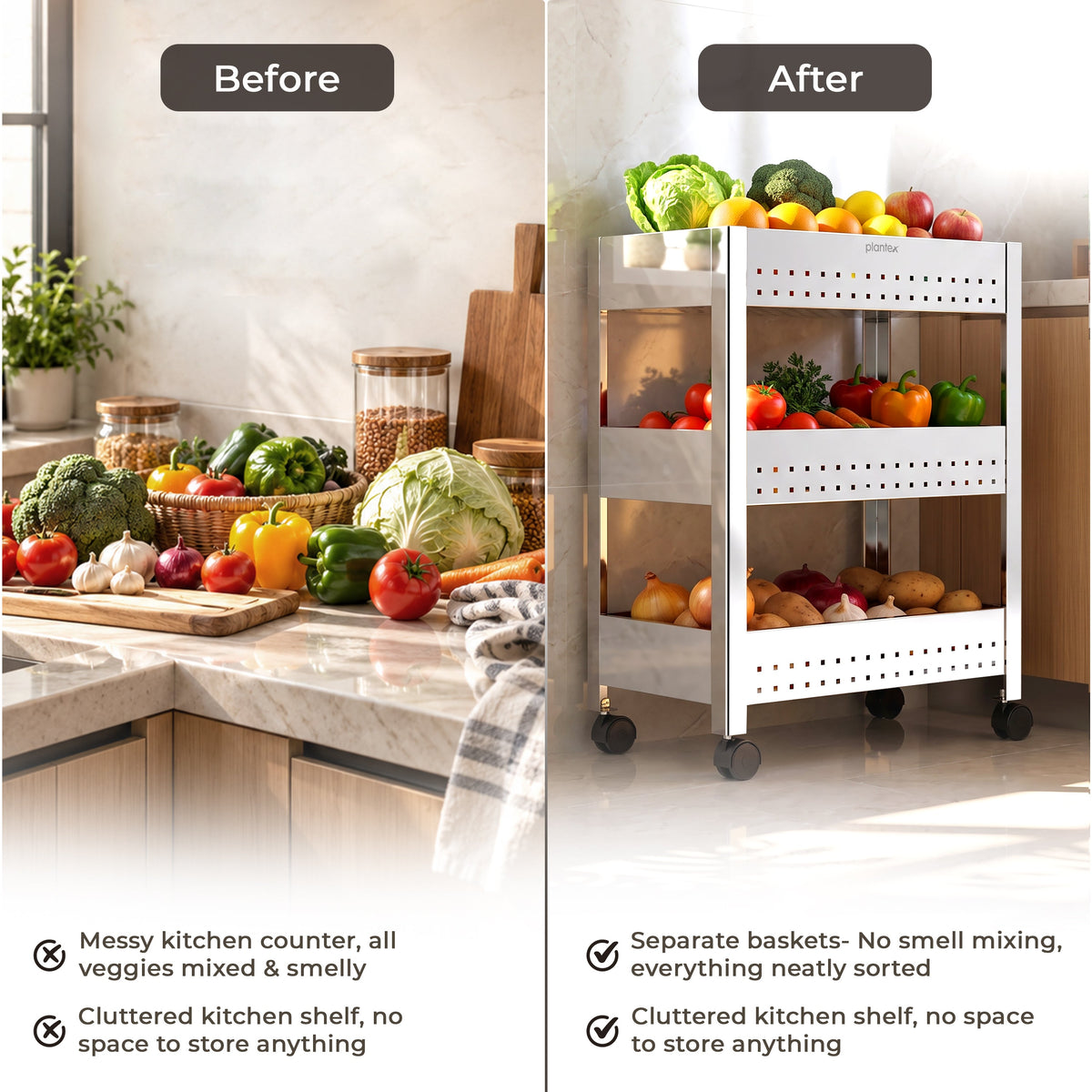 Plantex Stainless Steel 3-Tier Vegetable Storage Basket for Kitchen/Onion Garlic Stand-Trolley (Square Profile-Silver)-6