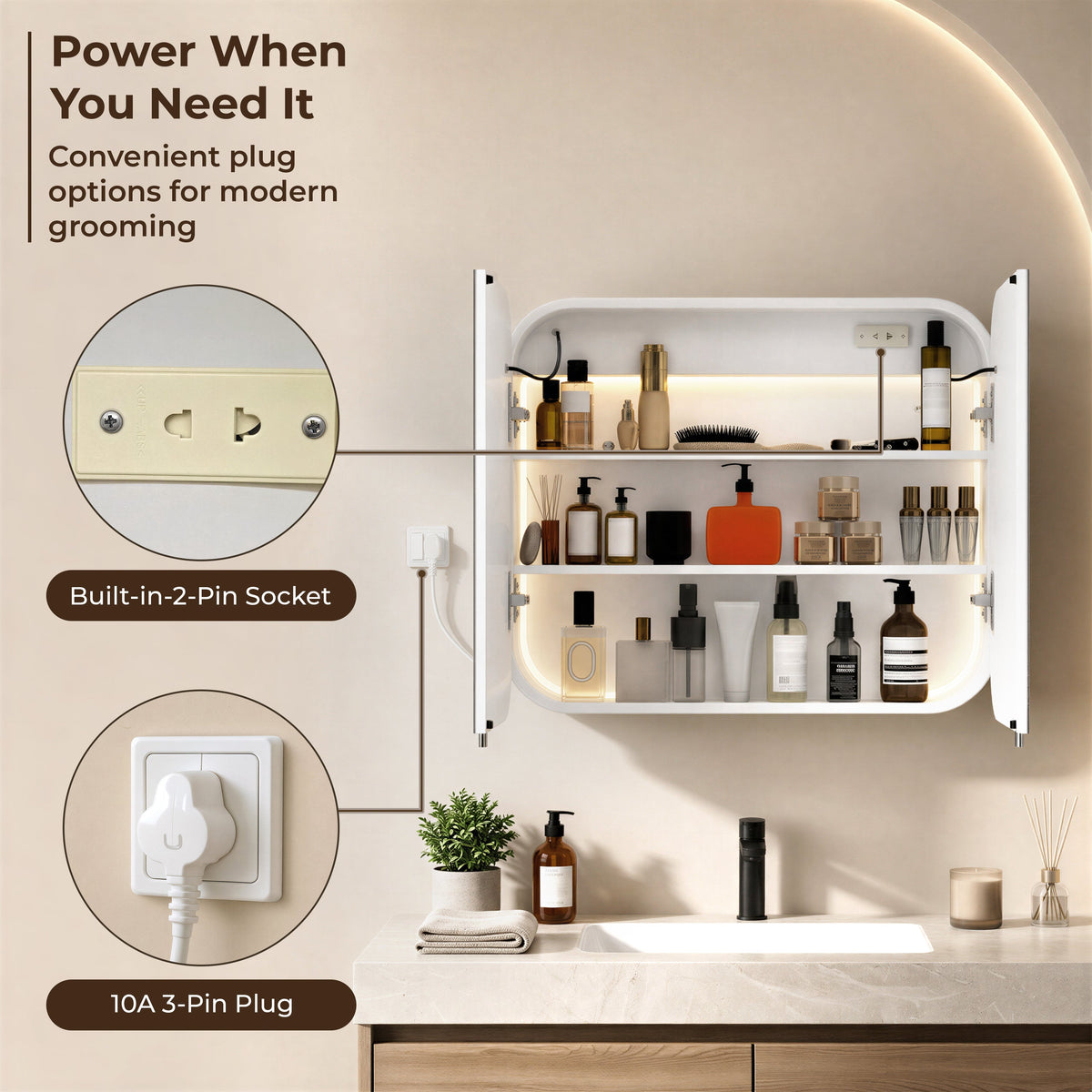 Plantex Stainless Steel Bathroom Cabinet with Mirror/Double Door Bathroom Cabinet Storage/LED Mirror Cabinet for Bathroom Wall/Bathroom Organiser Cabinet (28x23 Inch-White)-4