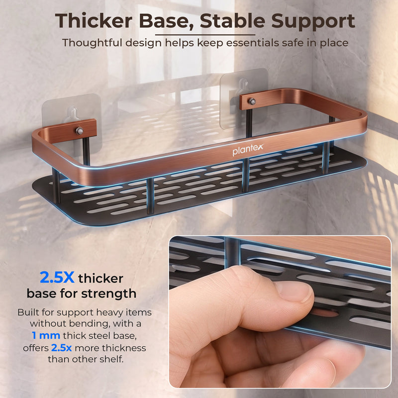 Plantex Bathroom Organizer Without Drill/Stainless Steel & Aluminium Shelf for Wall with Adhesive Stickers - Pack of 2 (12x5 inch, Copper & Black)-4