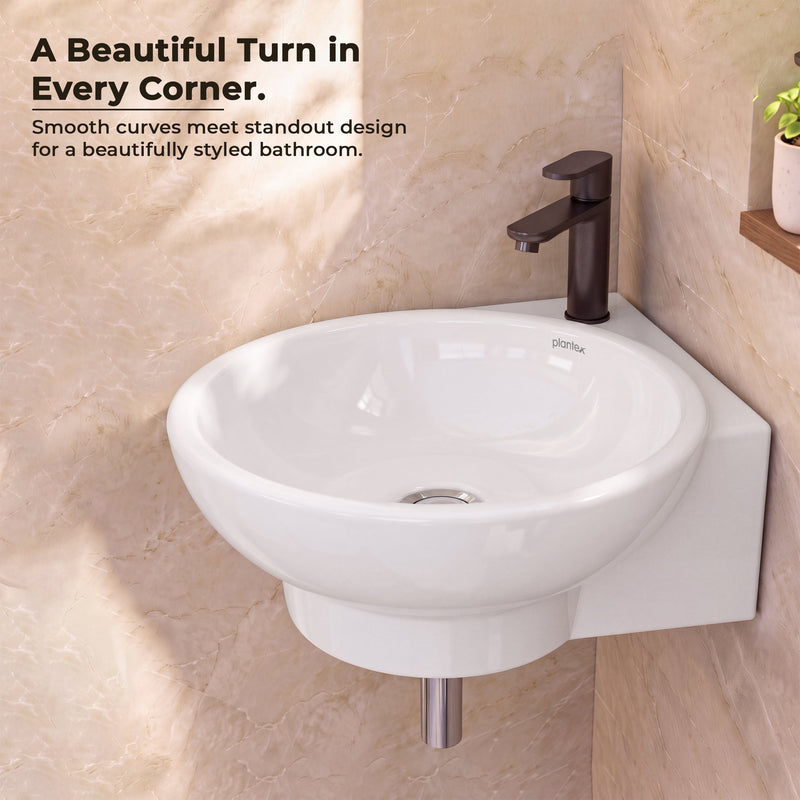 Plantex Ceramic White Corner Wash Basin/Wall Mount Basin for Bathroom/Corner Bathroom Basin/Glossy Small Sink with 10 Years Glaze Warranty by Plantex (Lily -14 x 16.5 x 5.5 Inch)-3