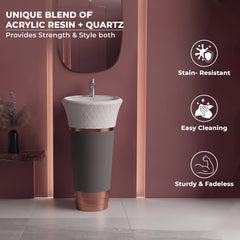 Plantex Matt Acrylic Resin & Quartz Pedestal Basin For Bathroom/Designer One Piece Pedestal Free Standing Round Wash Basin For Living Room/Hotel (White & Grey)-5