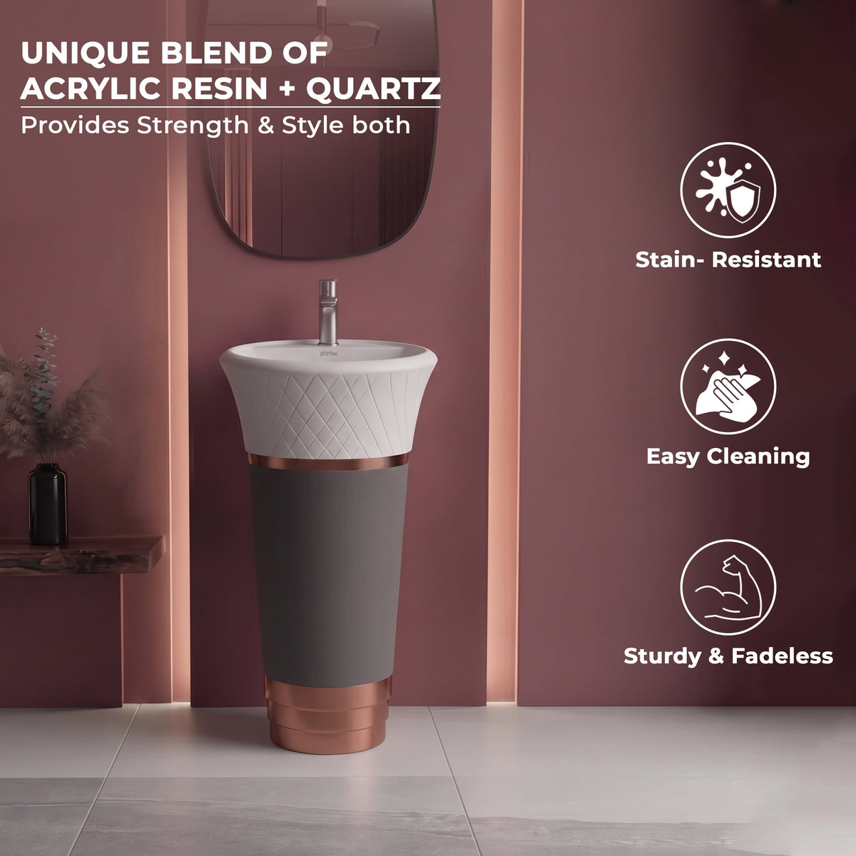 Plantex Matt Acrylic Resin & Quartz Pedestal Basin For Bathroom/Designer One Piece Pedestal Free Standing Round Wash Basin For Living Room/Hotel (White & Grey)-5