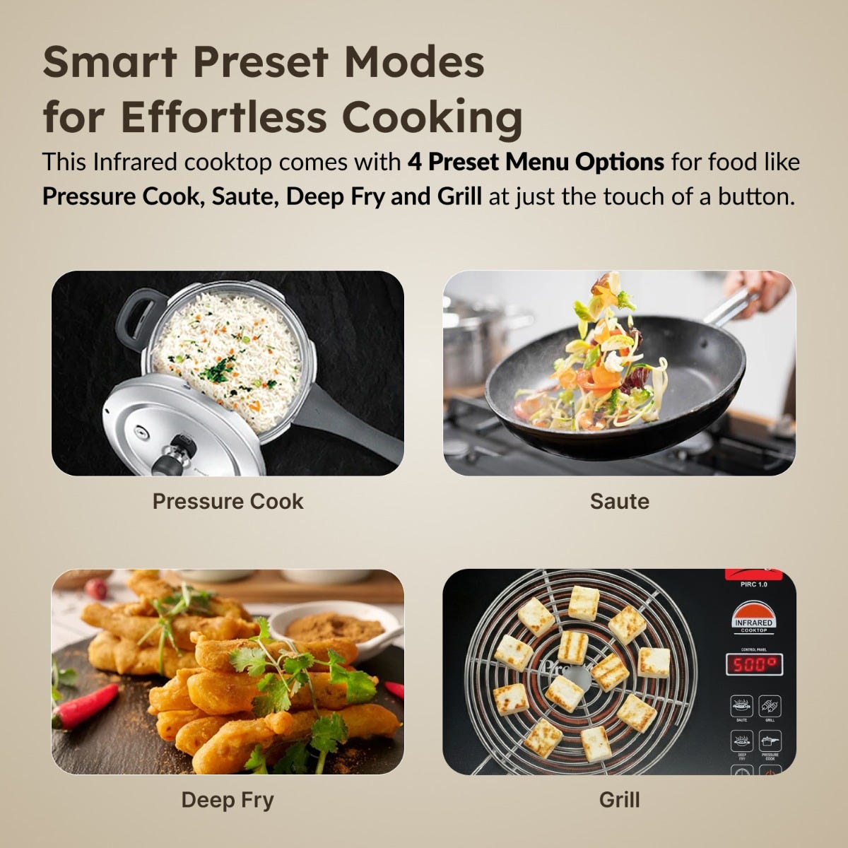 Prestige PIRC 1.0 2200W Infrared Cooktop, Indian Menus & Timer, Flat-Bottom Cookware, Black + Prestige TRIPLY Splendid 4 Pc Cookware Set: Fry Pan 22cm, Kadai 22cm, Saucepan 14cm, SS Lid 24cm