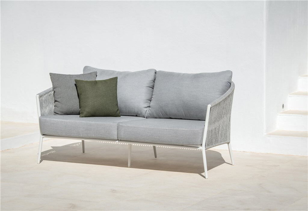 Cosset Outdoor Garden Balcony Sofa Set 2 Seater and 2 Single Seater With 2 Center Table and 1 Side Table Set, Braid & Rope (White + Grey)