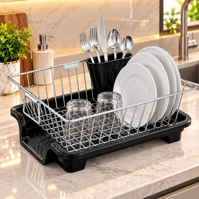 Plantex Dish Drying Rack/Stainless Steel Dish Drainer with Drainer Tray for Kitchen/Vessel Drainer Basket for Utensils/Plate Drying Rack - Chrome (39 X 31.5 X 15 Cm)-1