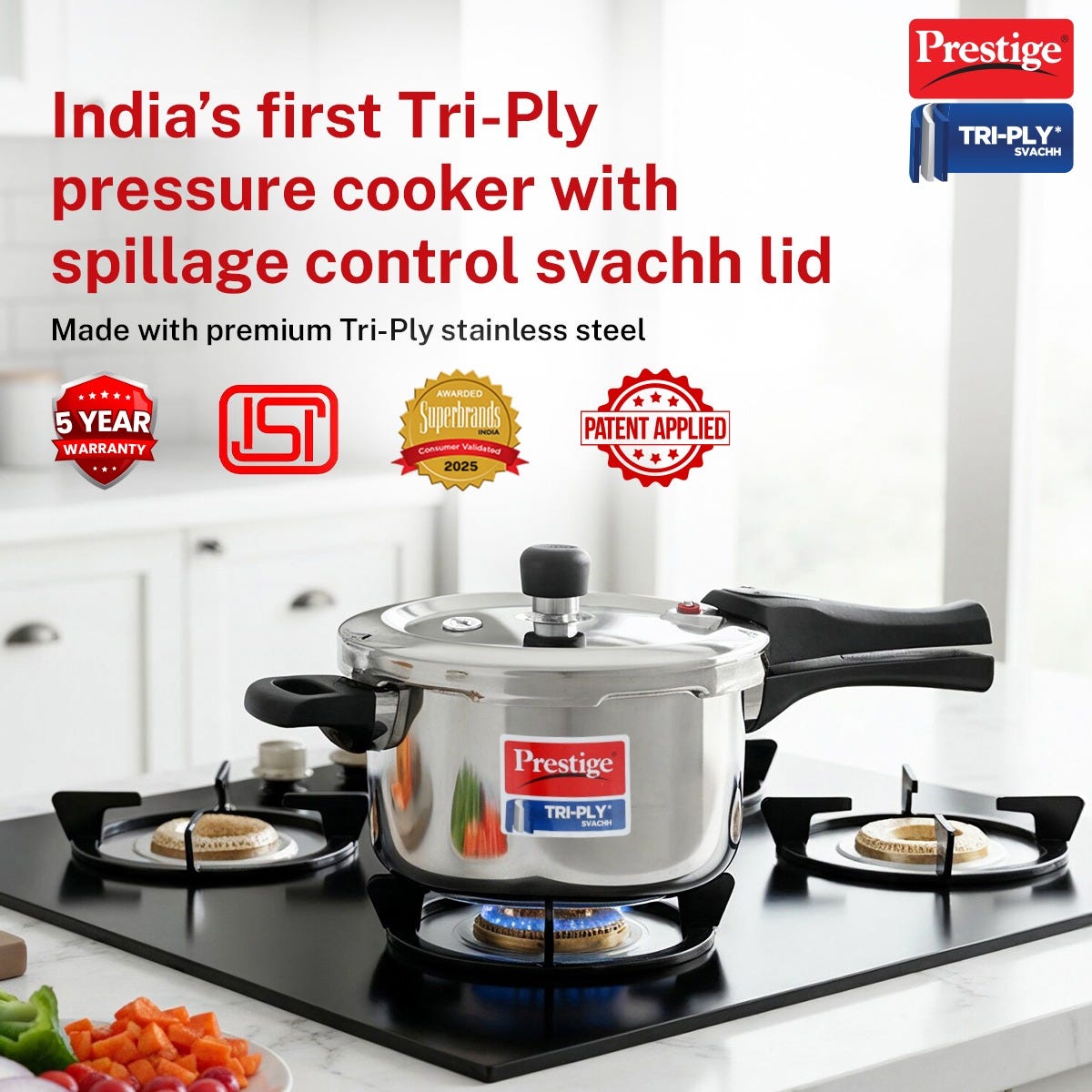 Prestige Edge PEBS 03L Manual Powder Coated with Aluminium Frame 3 Burners Gas Stove, Black, Prestige Svachh Triply Outer Lid Pressure Cooker with Unique Deep Lid for Spillage Control, 5 Litre, Silver