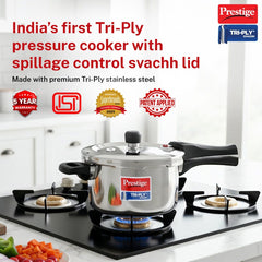 Prestige Edge PEBS 03L Manual Powder Coated with Aluminium Frame 3 Burners Gas Stove, Black, Prestige Svachh Triply Outer Lid Pressure Cooker with Unique Deep Lid for Spillage Control, 5 Litre, Silver