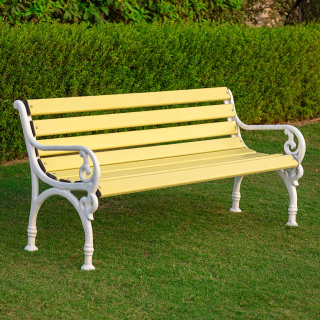 Trefor Cast Iron 3 Seater FRP Garden Bench for Outdoor Park - (Cream + White)