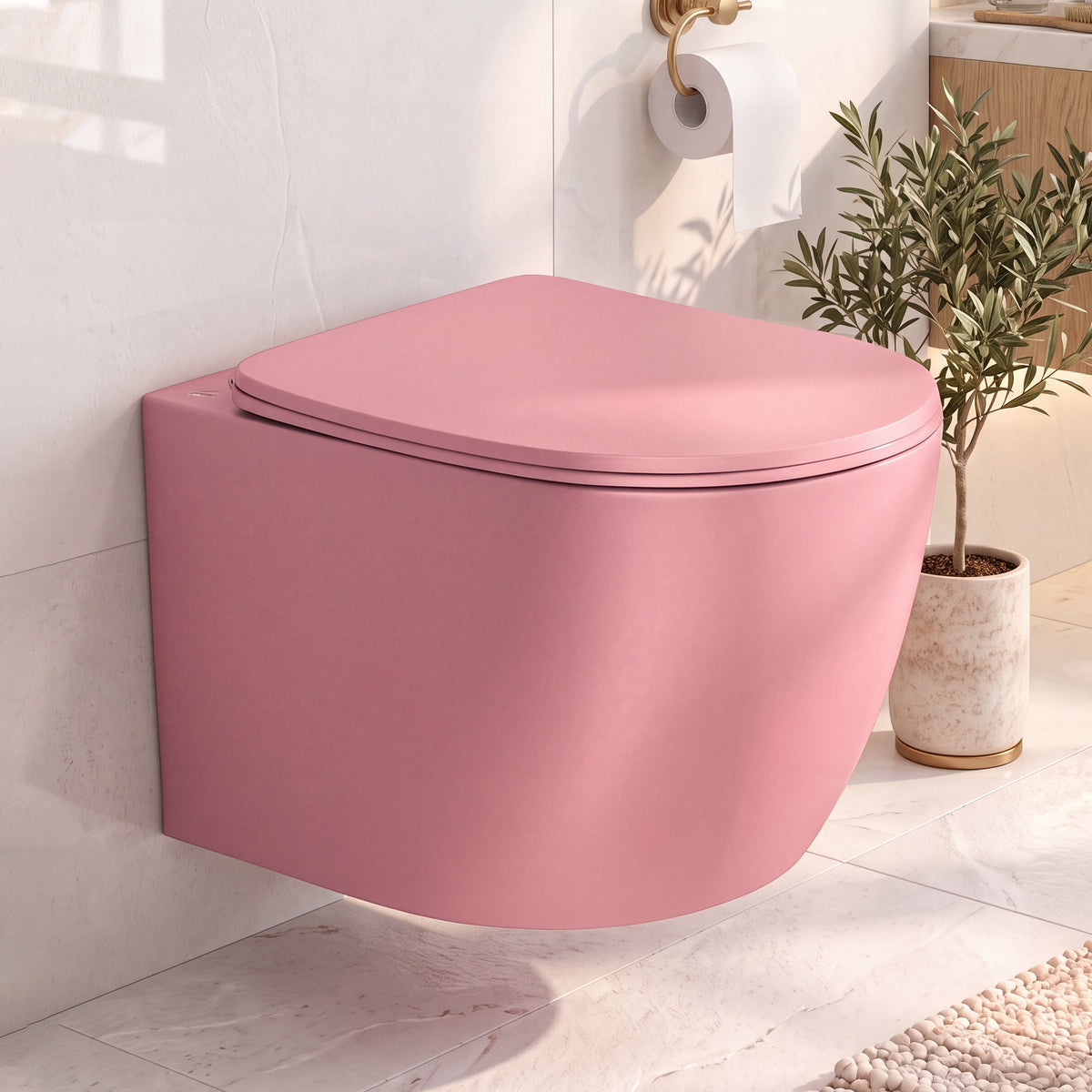 Plantex Ceramic Wall Hung Commode for Toilet/Rimless Washdown Flush Western Commode/Imported Commode with Soft Closing Toilet Seat - P Trap (Round, Matt Pink)