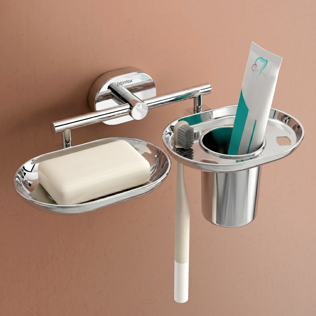 Plantex J4 Stainless Steel Soap Dish with Tumbler Holder/Soap and Brush Holder for Bathrooom/2 in 1 Soap Holder with Toothbrush Holder/Bathroom Accessories (Chrome Finish) Onix-1