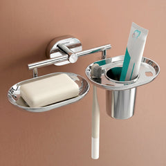 Plantex J4 Stainless Steel Soap Dish with Tumbler Holder/Soap and Brush Holder for Bathrooom/2 in 1 Soap Holder with Toothbrush Holder/Bathroom Accessories (Chrome Finish) Onix-1